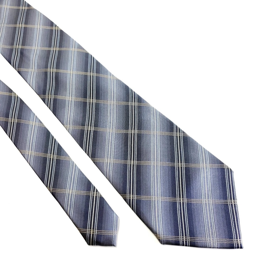 Kenneth Cole Mens Silk Tie Woven Gray Beige Plaid Wide Necktie 4 Inch 10L21